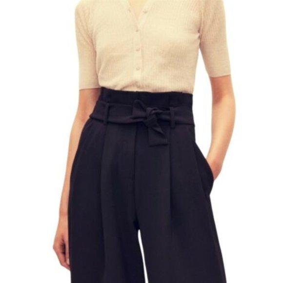 COS Womens Paper Bag Waist Tie High Waist Belted Wide Leg Navy Blue Wool Pants - Picture 2 of 5